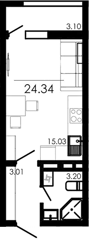 Студия, 21.24 м²