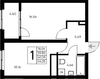 1-комн., 39.85 м²