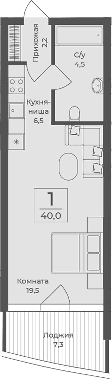Студия, 32.7 м²