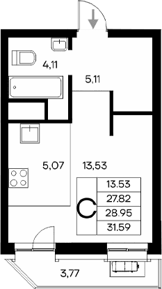 Студия, 27.82 м²