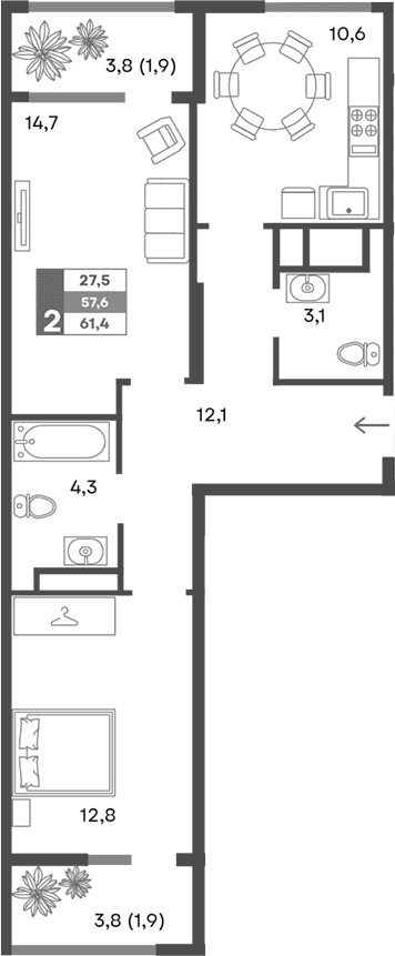 2-комн., 57.6 м²