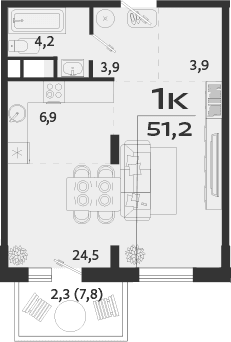 1-комн., 46.4 м²