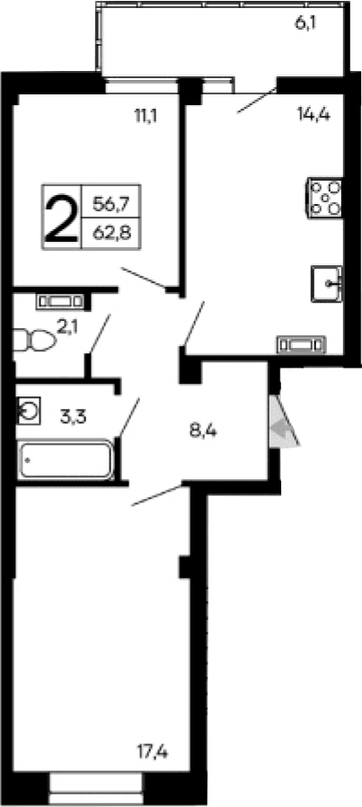 2-комн., 56.7 м²