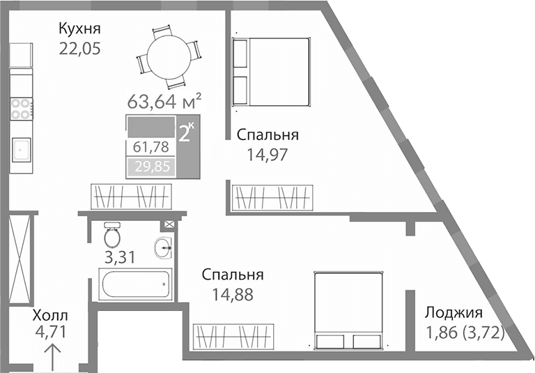 2-комн., 59.92 м²
