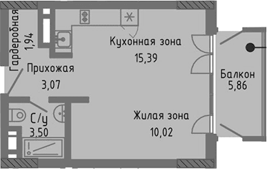 Студия, 33.92 м²