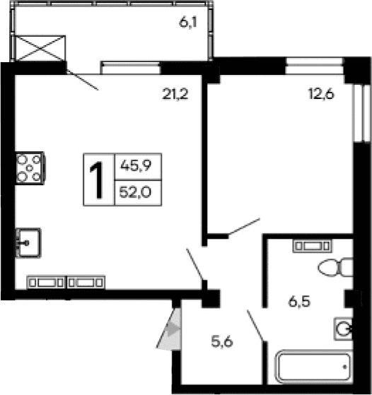 1-комн., 45.9 м²