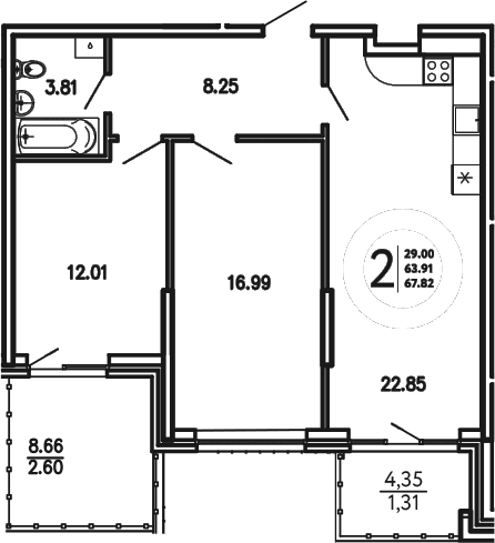 2-комн., 63.91 м²