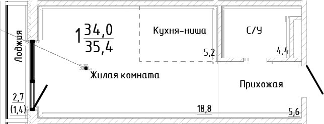 Студия, 34 м²