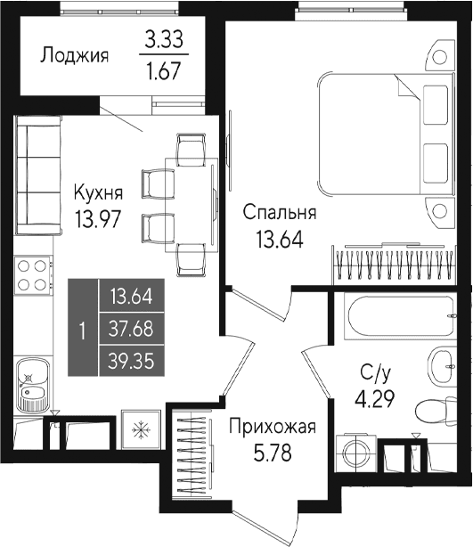 1-комн., 37.67 м²