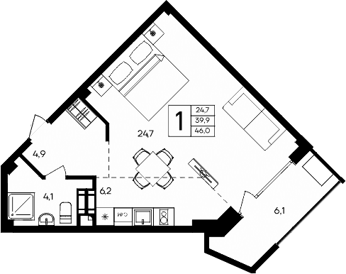 Студия, 39.9 м²