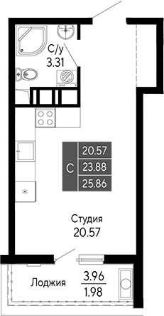 Студия, 23.88 м²