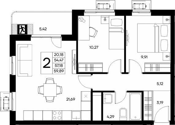 2-комн., 54.47 м²