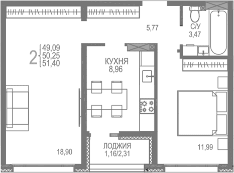 2-комн., 49.09 м²