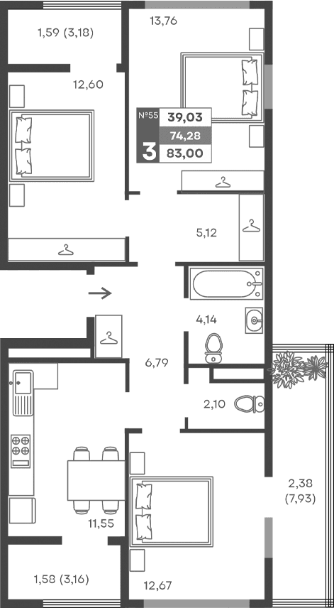 3-комн., 68.73 м²