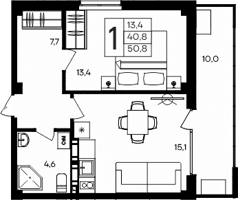 1-комн., 40.8 м²