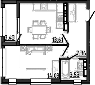 1-комн., 38.53 м²