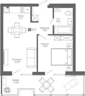 2-комн., 41.28 м²