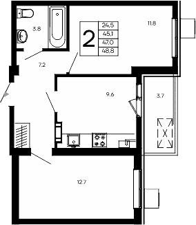 2-комн., 45.1 м²