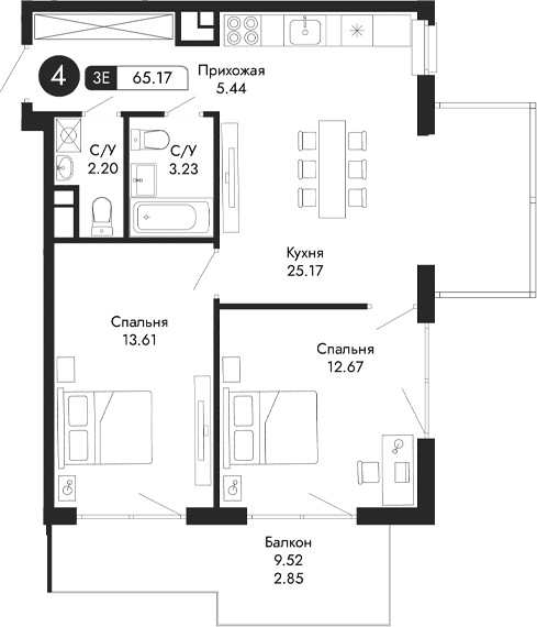 3-комн., 62.32 м²