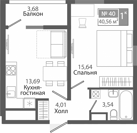 1-комн., 36.88 м²