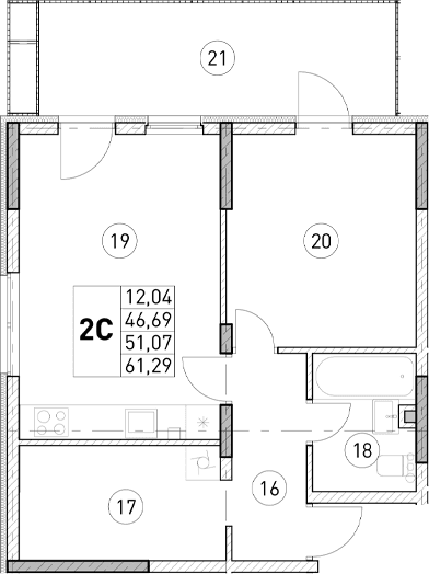 1-комн., 46.69 м²