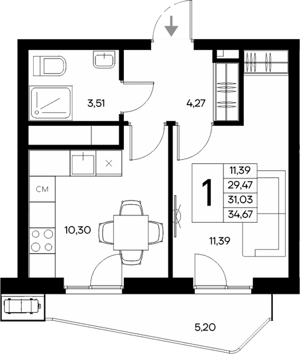 1-комн., 29.47 м²