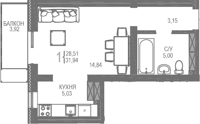 Студия, 28.02 м²