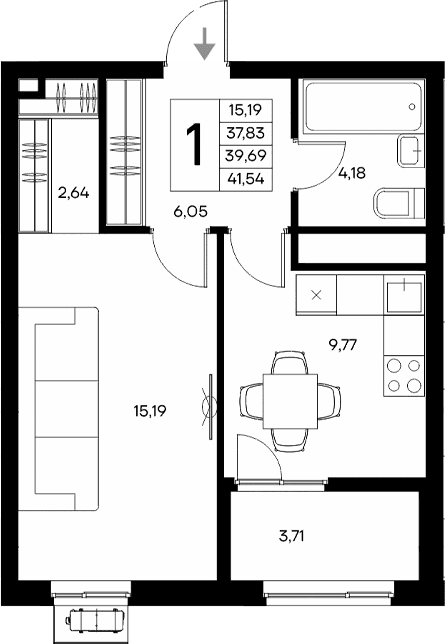 1-комн., 37.83 м²