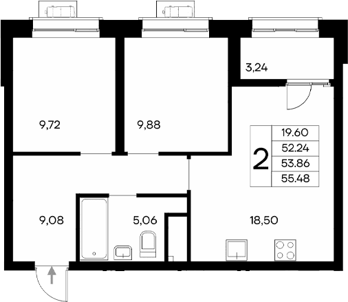 2-комн., 52.24 м²