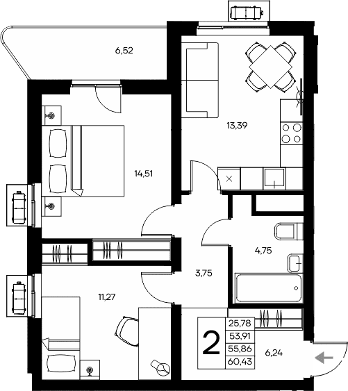 2-комн., 53.91 м²