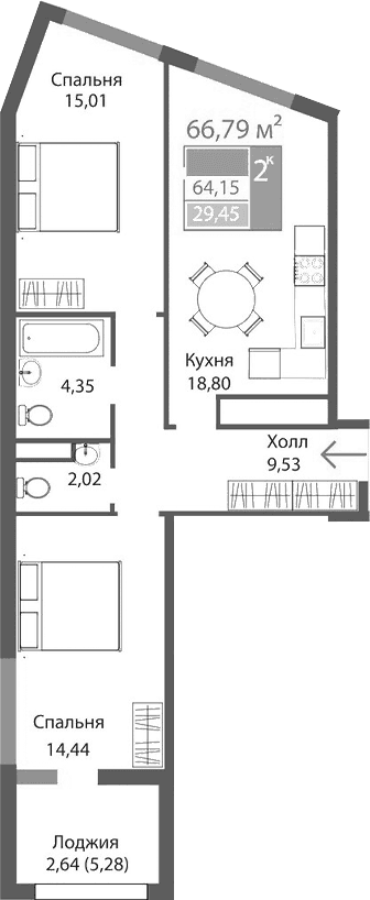 2-комн., 64.15 м²