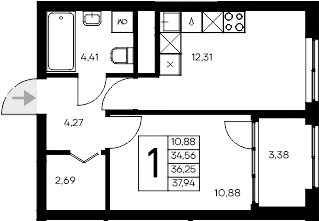 1-комн., 34.56 м²
