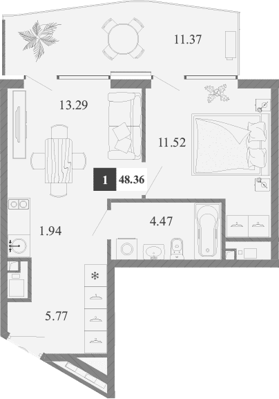1-комн., 36.99 м²