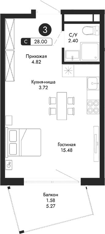 Студия, 26.42 м²
