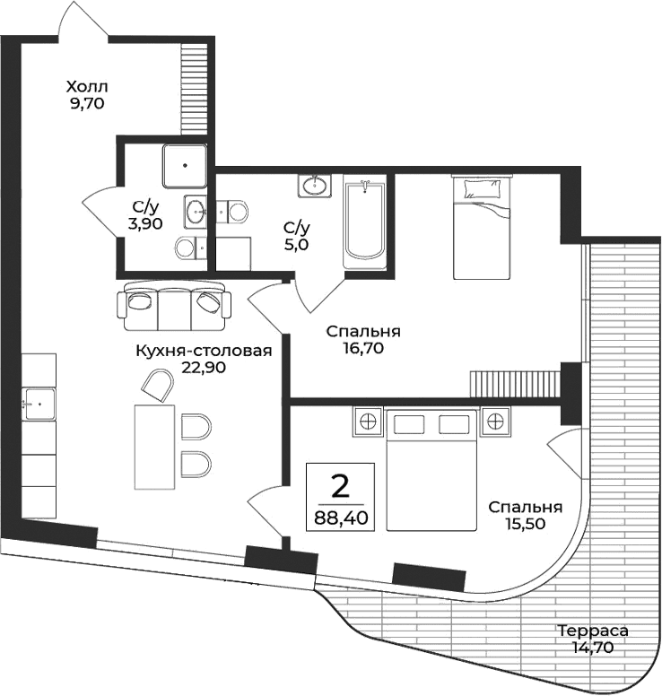 2-комн., 73.7 м²