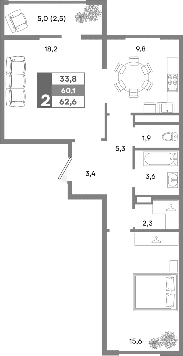 2-комн., 60.1 м²