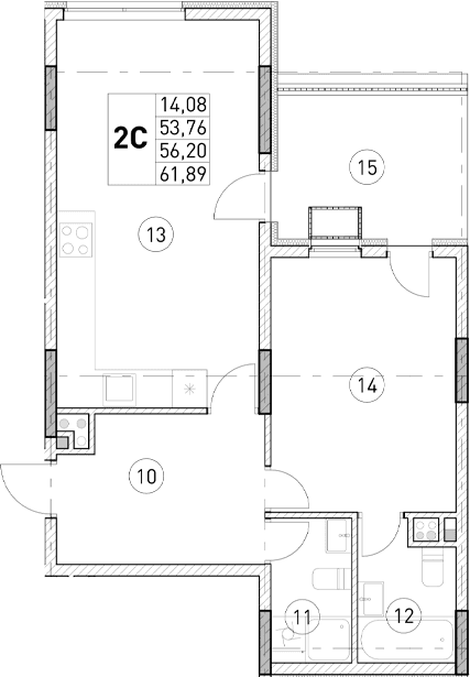 1-комн., 53.76 м²