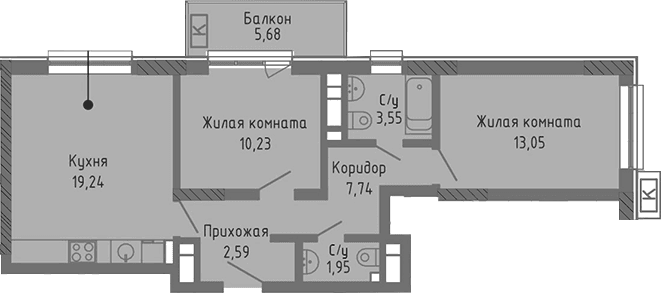 3-комн., 58.35 м²