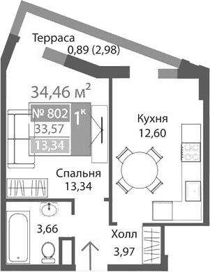 1-комн., 33.57 м²