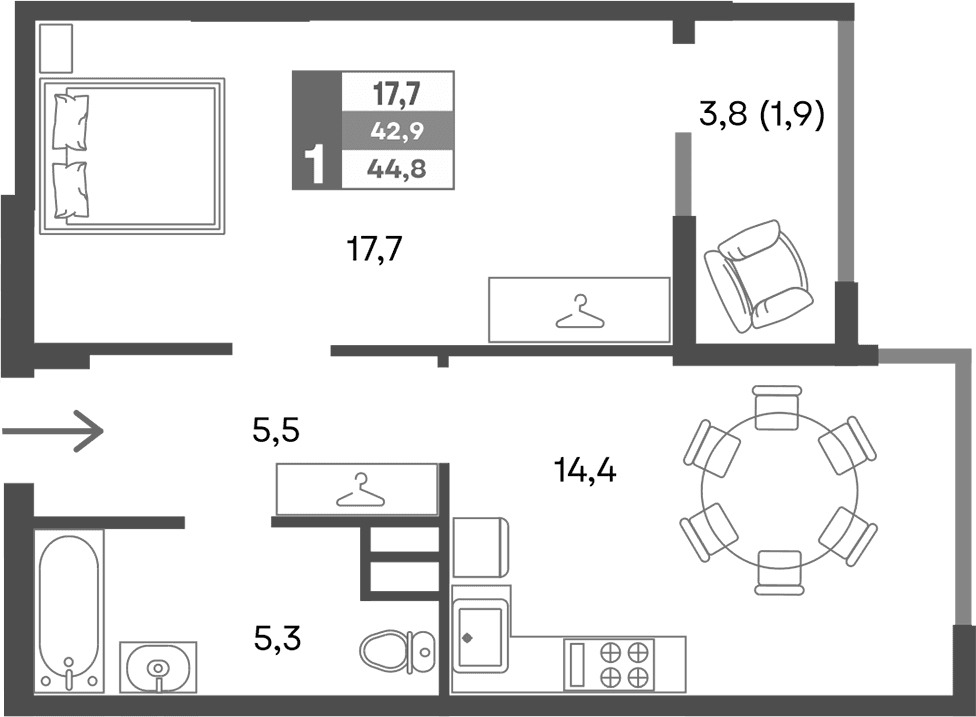 1-комн., 42.9 м²