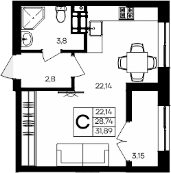 Студия, 28.74 м²