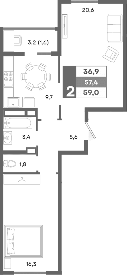 2-комн., 57.4 м²