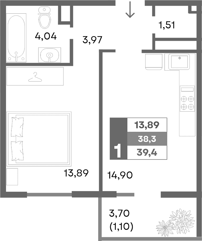 1-комн., 38.3 м²
