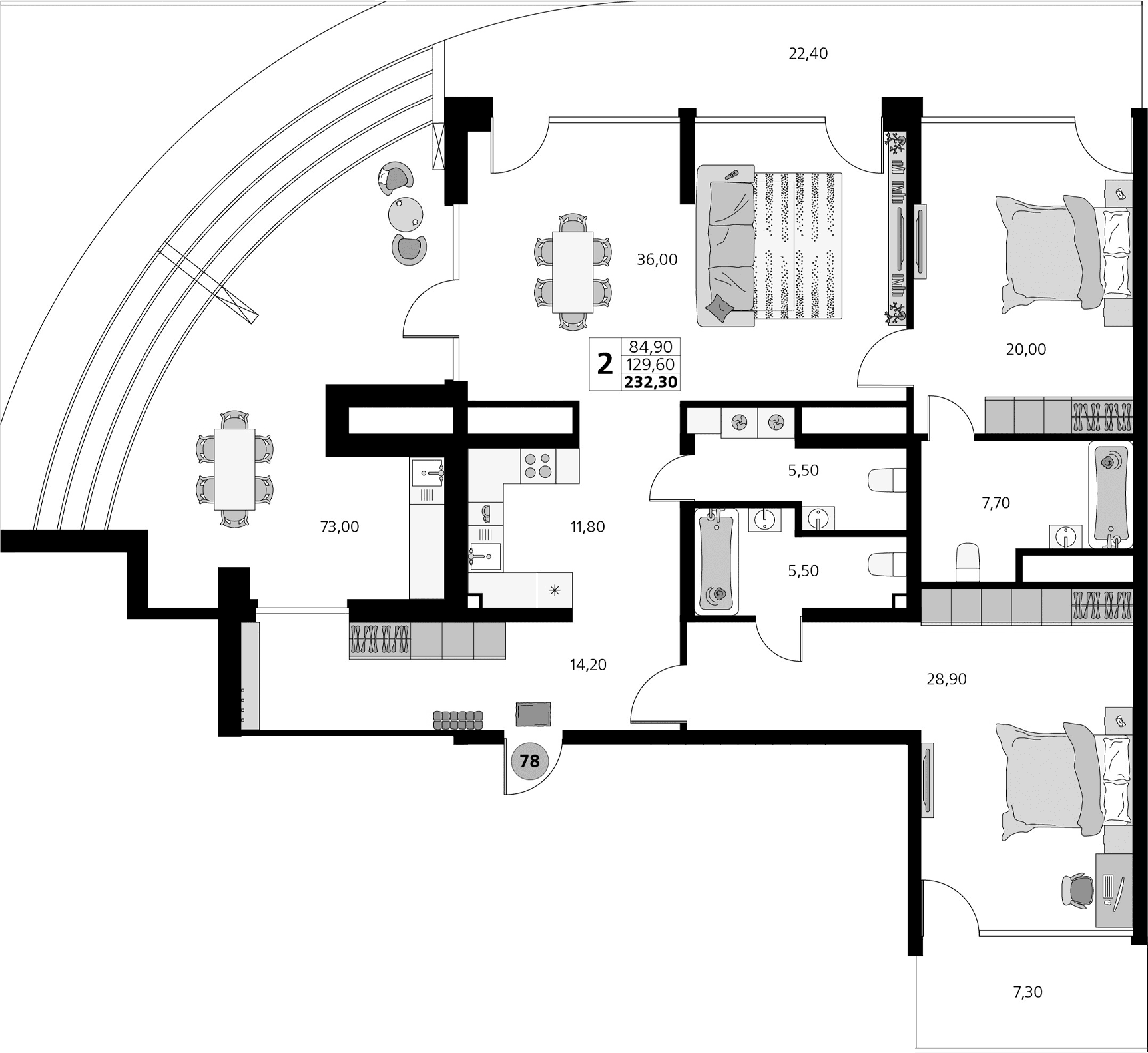 3-комн., 129.6 м²
