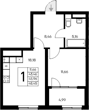 1-комн., 43.46 м²