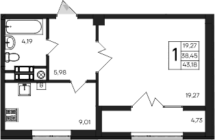 1-комн., 38.45 м²