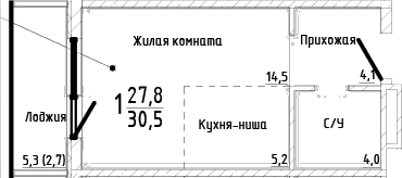Студия, 27.8 м²