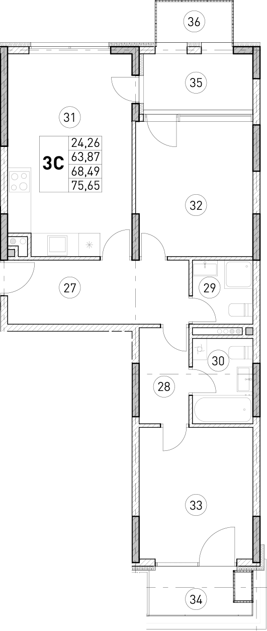 2-комн., 63.87 м²