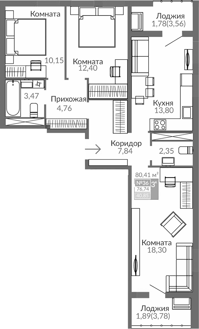 3-комн., 73.07 м²