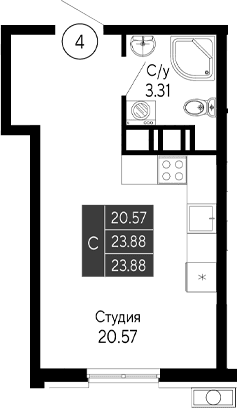 Студия, 23.88 м²